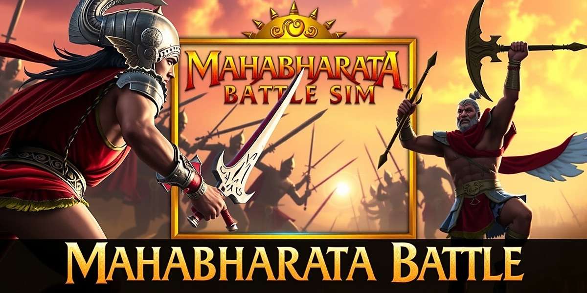 Mahabharata Battle Sim game cover showing epic battle scene from Mahabharata with warriors and divine weapons